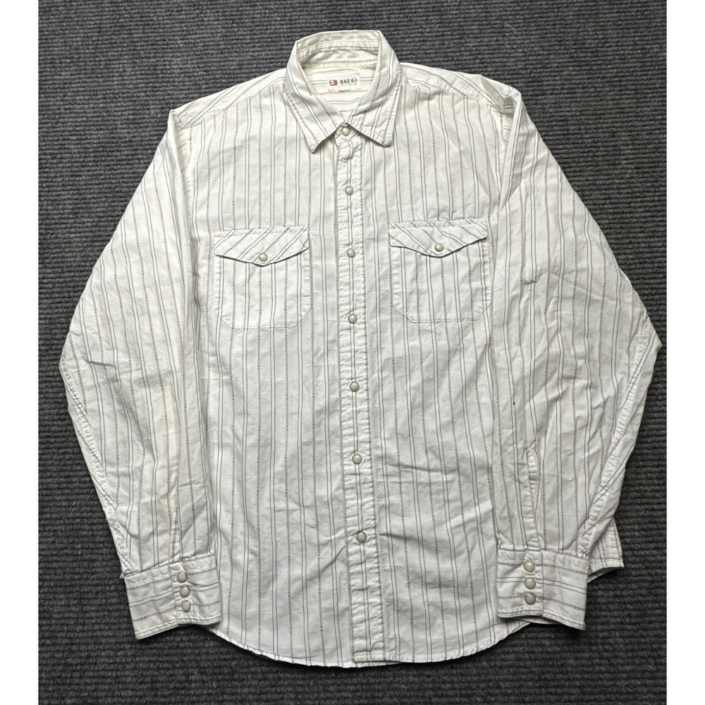BKE 67 Pearl Snap Shirt Mens Medium White Striped Long Sleeve Western Cotton